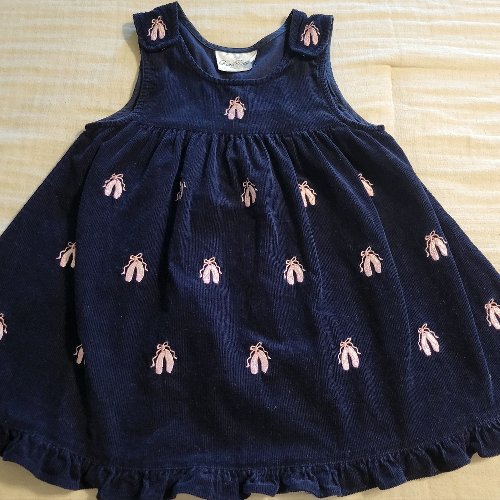 Rare Editions Navy Blue Corduroy Dress with Pink Ballet Shoe Embroidery